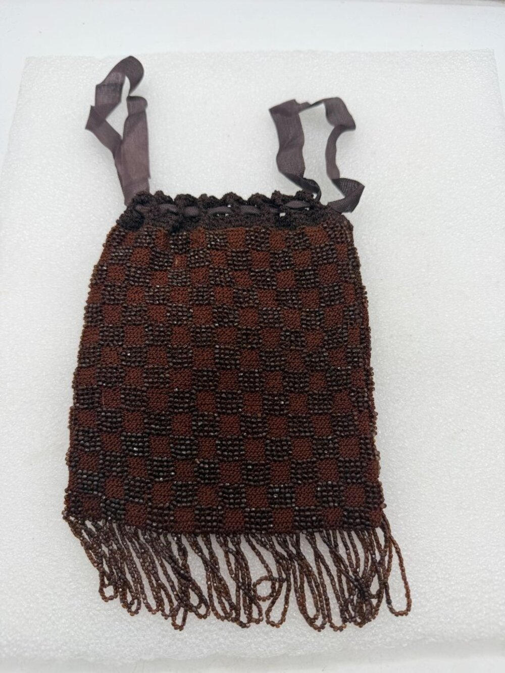 Vintage Brown Beaded Checkerboard Pattern Drawstring Purse Handbag